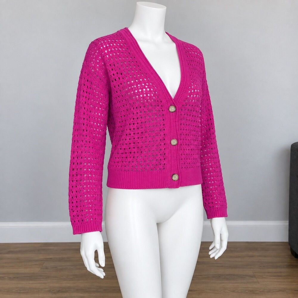 LOFT Womens XL Pink Pointelle Open Knit Cotton Cardigan Button V Neck Cropped - Picture 3 of 7